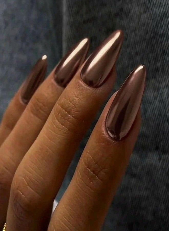 SEMATA Brown Chrome Acrylic Press on Nails Almond Medium Acrylic Nails Press ons Brown Glue on Fake Nail with Bling Glossy Designs Reusable Artificial Stick on False Nail for Women 24Pcs - Image 3